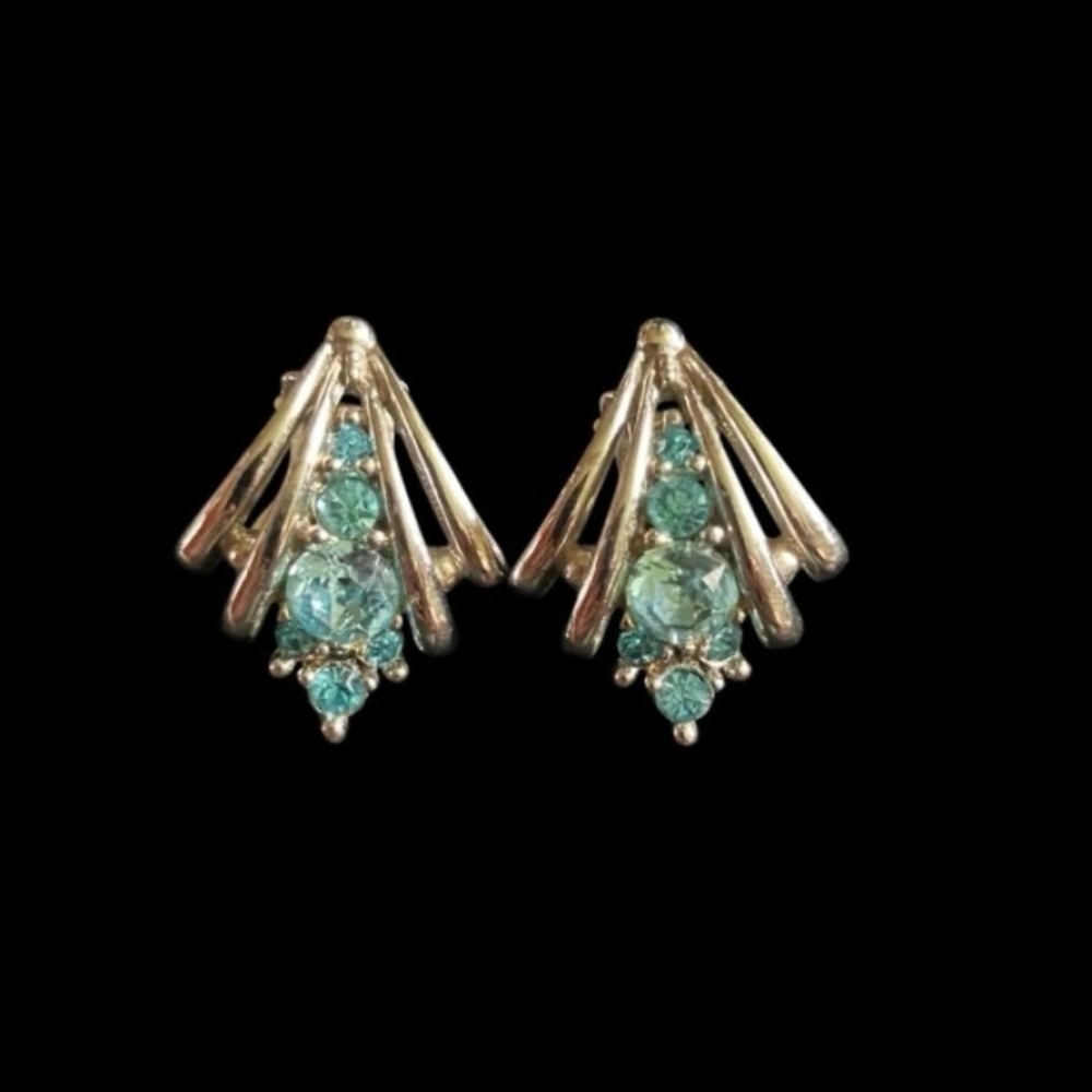Vintage Silver Tone Clip Earrings With Aqua Rhinestones
